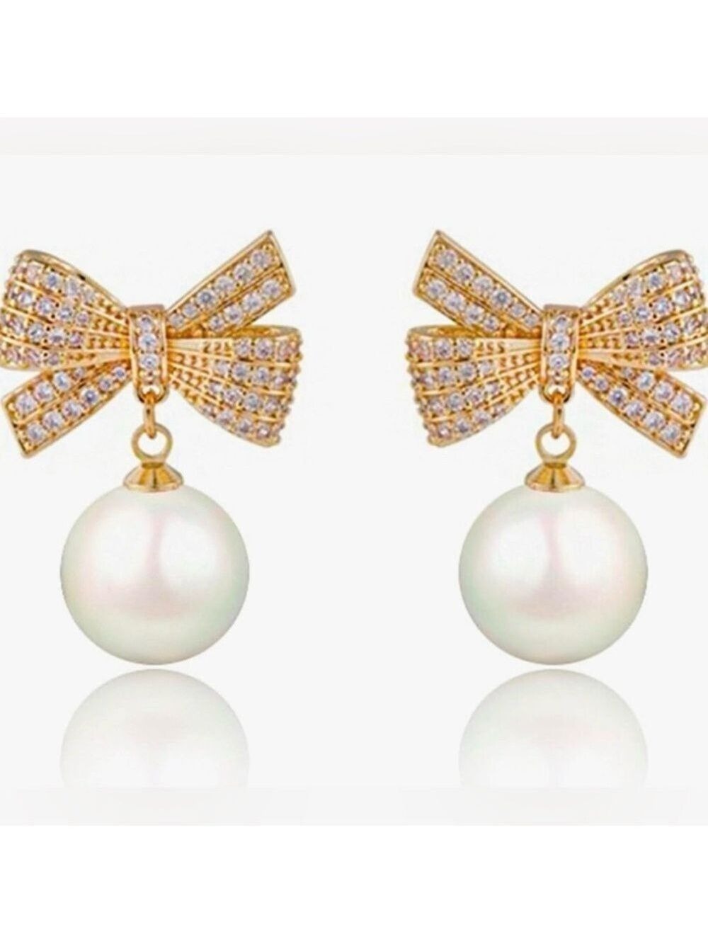 Gold Tone Bow Clear Crystals Pearl Drop Earrings Posts Dangle New